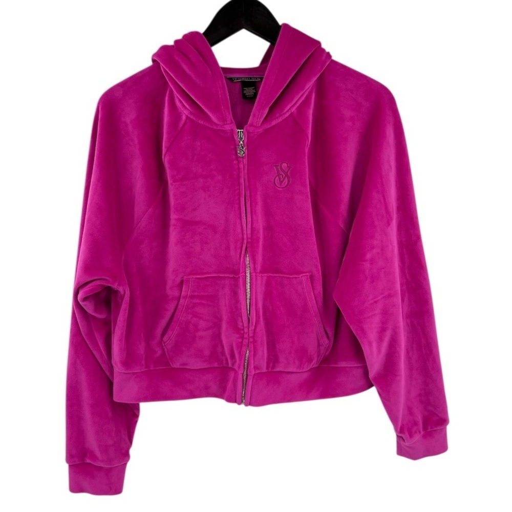 Victoria's Secret velour zip-up hot pink Cropped Hoodie SZ S Oversized New